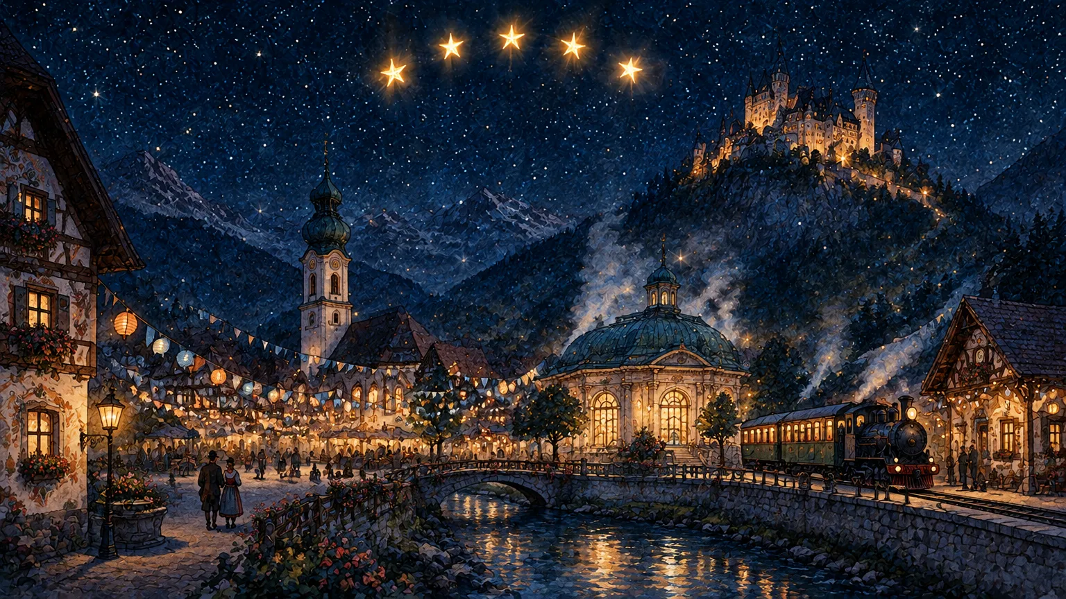 Bad Niederprunk at night: the spa, the church, the station and the castle above